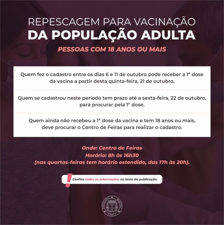 Amanhã, Canela oferece 1ª dose a população adulta cadastrada entre os dia 6 e 11