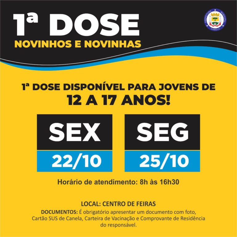 Canela vacina com 1ª dose jovens de 12 a 17 anos, nesta sexta-feira, 22, e na próxima segunda-feira, 25