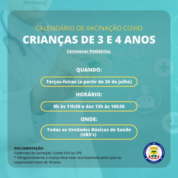 Imunização covid-19 crianças de 3 e 4 anos em Canela