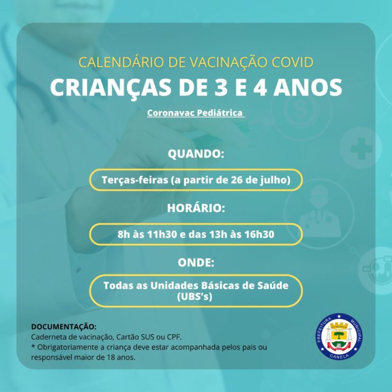 Canela inicia imunização das crianças de 3 e 4 anos na próxima terça-feira, 26 de julho