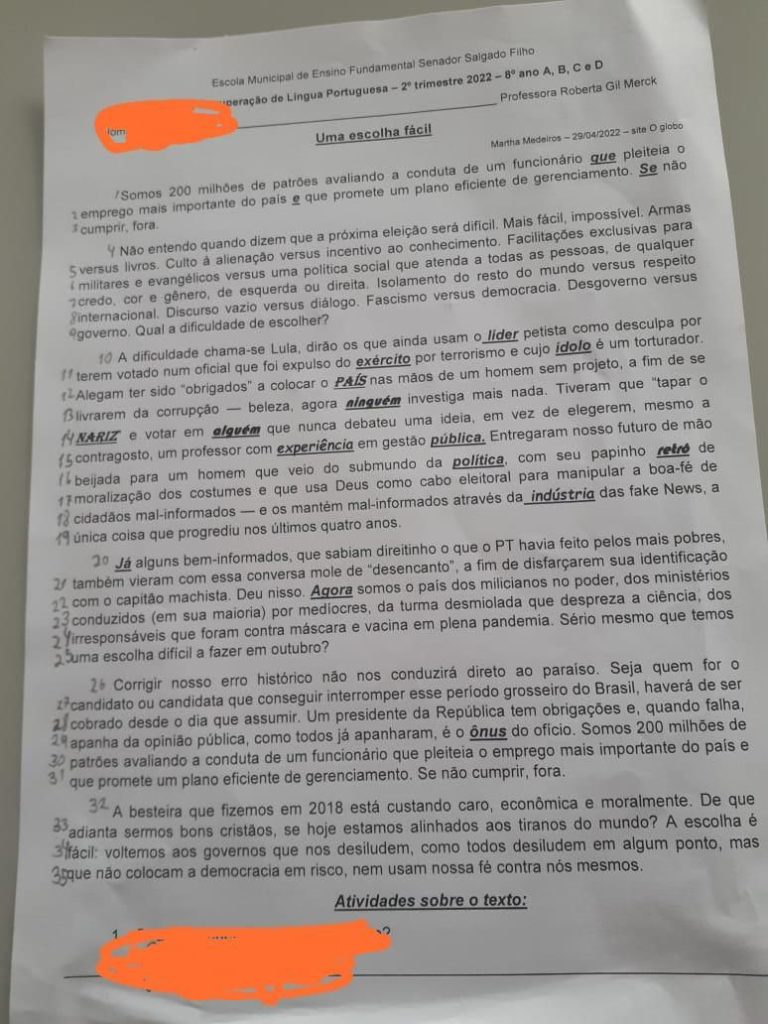 Professora é denunciada por militância política em sala de aula
