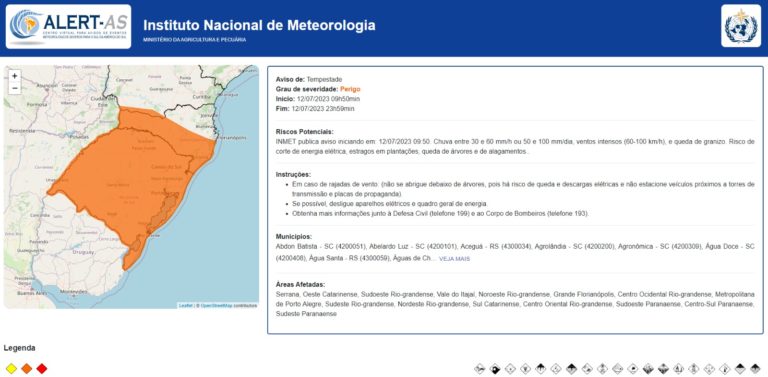 Mapa sinaliza para temporais isolados com rajadas de vento na Serra
