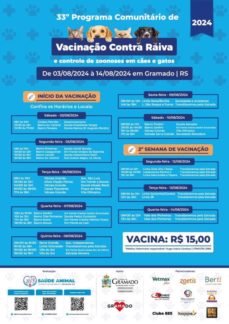 Saúde Animal realiza campanha de vacinação contra a raiva e controle de zoonoses em Gramado