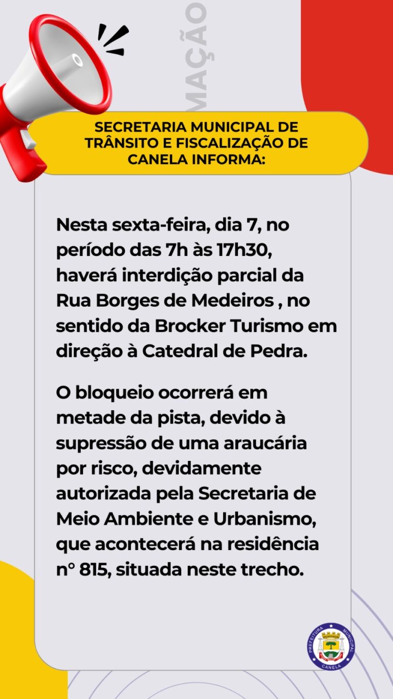 Rua Borges de Medeiros em Canela terá interdição parcial nesta sexta-feira