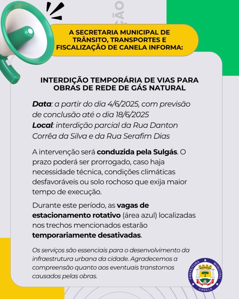 Obras da Sulgás ocasionarão interdição parcial de duas vias em Canela