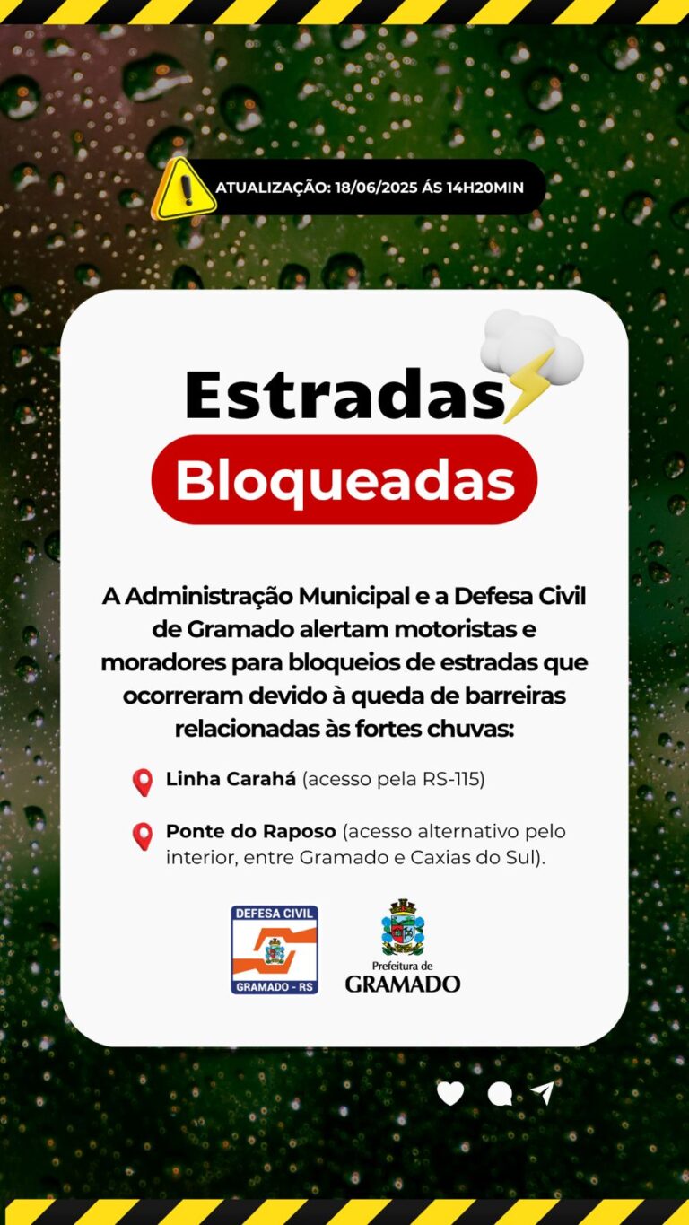 Defesa Civil alerta para bloqueios em estradas de Gramado devido às chuvas