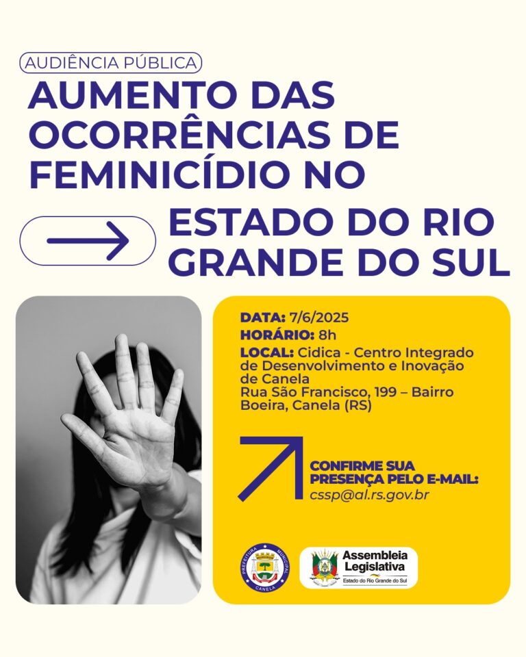 Canela sediará audiência pública sobre aumento de feminicídio no RS
